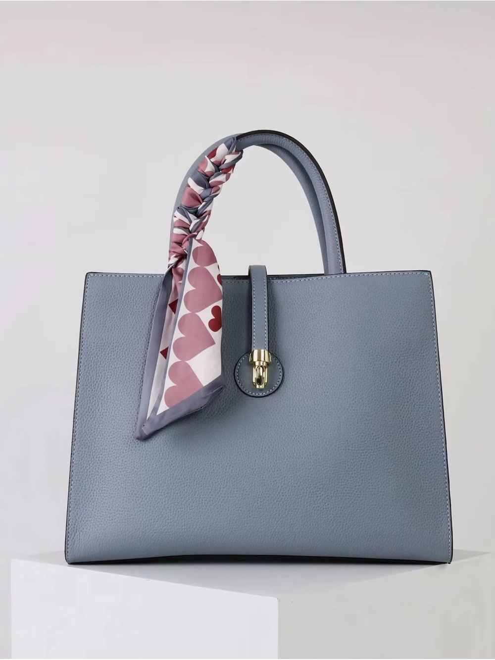 Structured Blue Togo Leather Bag with Heart-Print Scarf